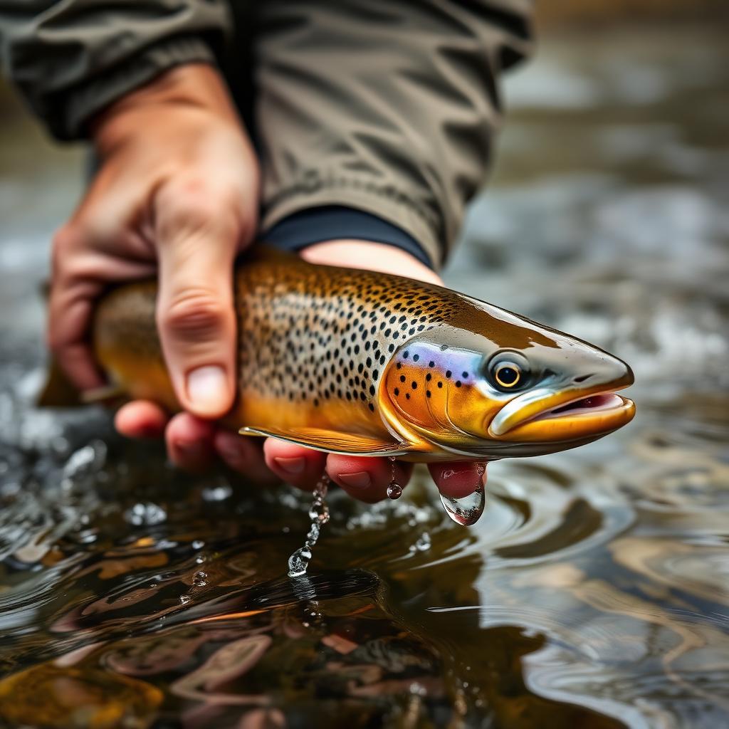 Wild brown trout being released into an English chalk stream