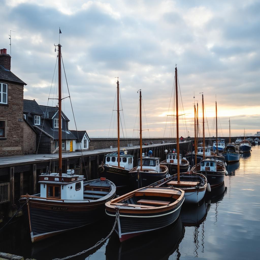 Traditional British fishing boats moored in a Cornish harbour at sunset