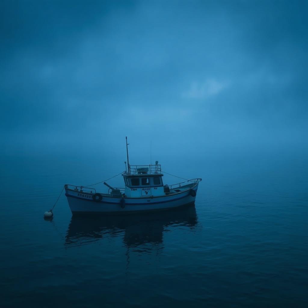 Small British fishing boat on calm water at dawn off the Cornish coast